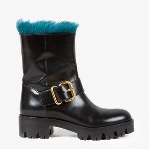 Prada Blue Fur Black Leather Moto Boots